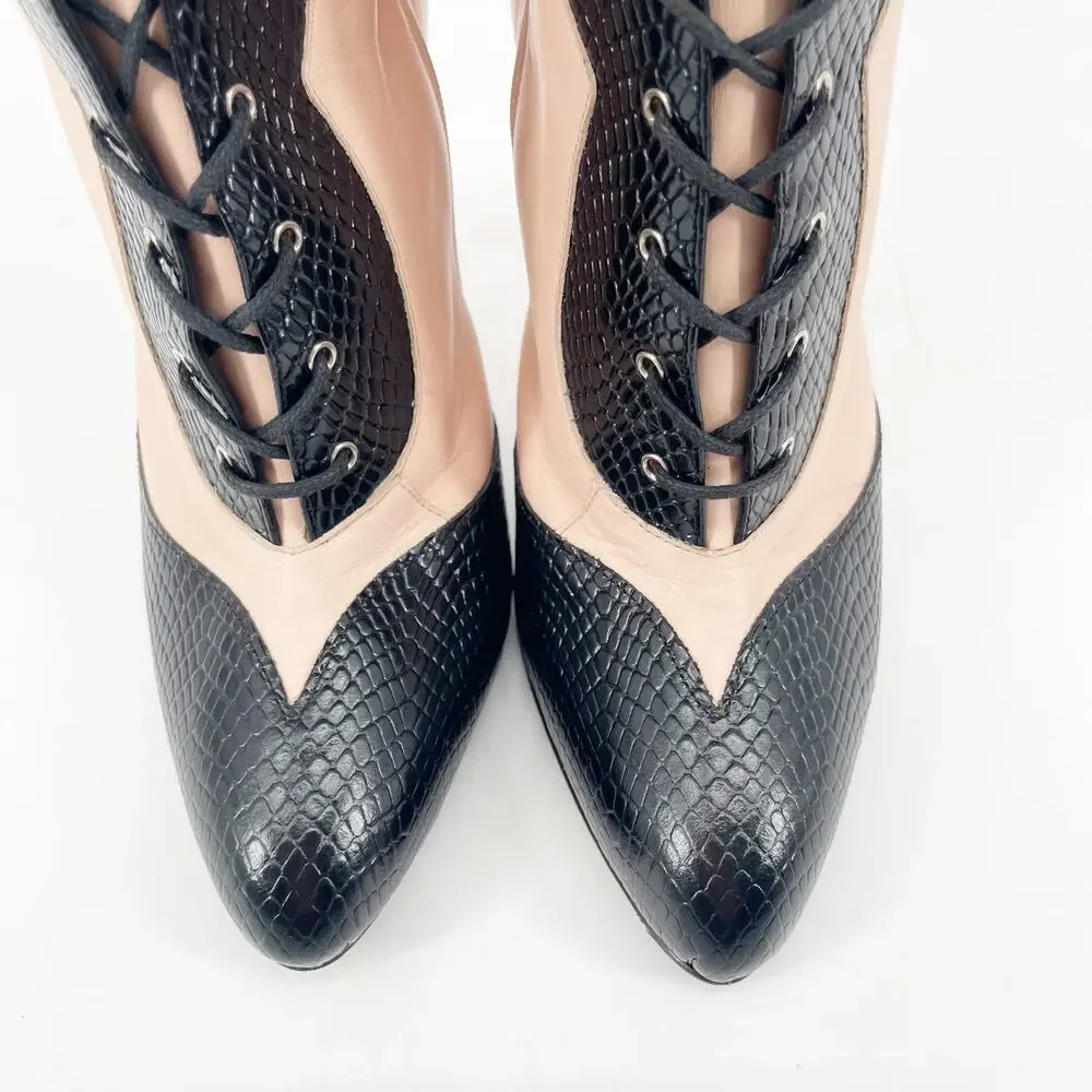 Gucci Harriet Light Rose Black Leather Lace Up Over The Knee Heeled Boots EU 38